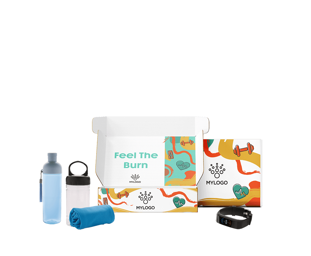 Pack fitness corporativo con botella reutilizable azul, shaker transparente, toalla deportiva y pulsera de actividad en caja regalo personalizada.