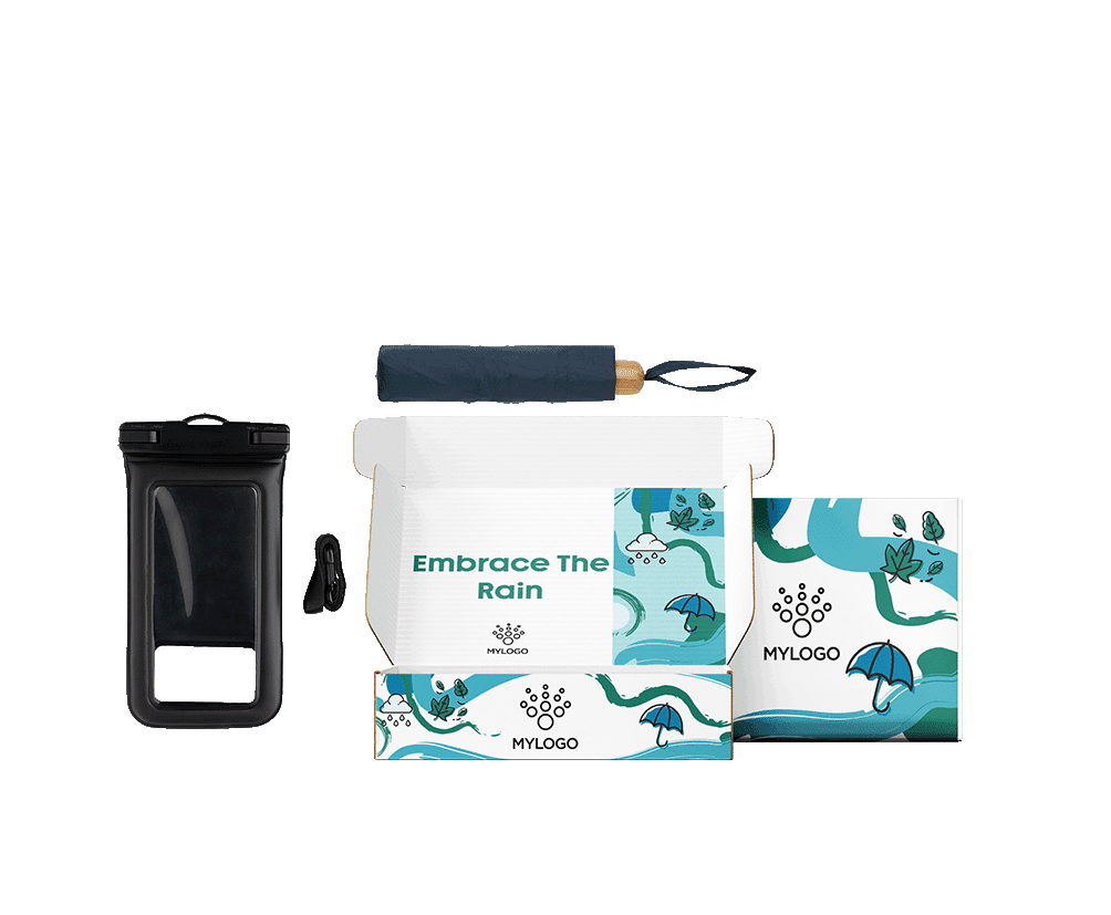 Kit corporativo para lluvia con paraguas plegable y funda impermeable para móvil en caja regalo personalizable.