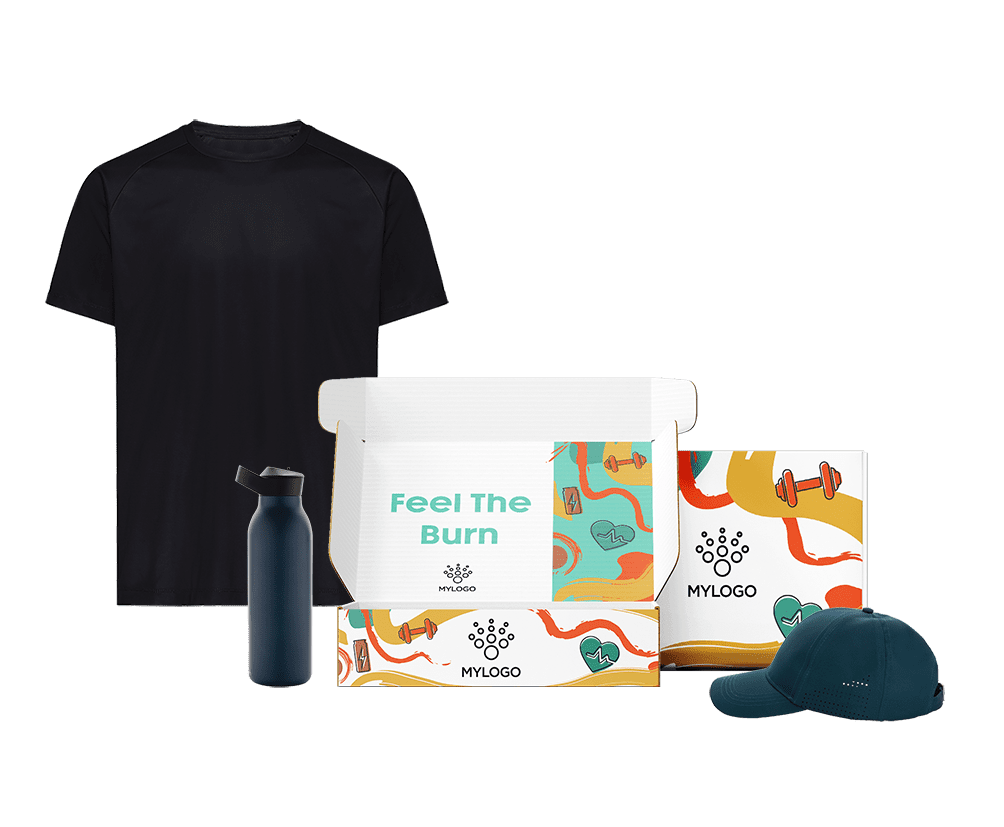 Kit deportivo corporativo con camiseta técnica, botella térmica y gorra personalizable para wellness empresarial