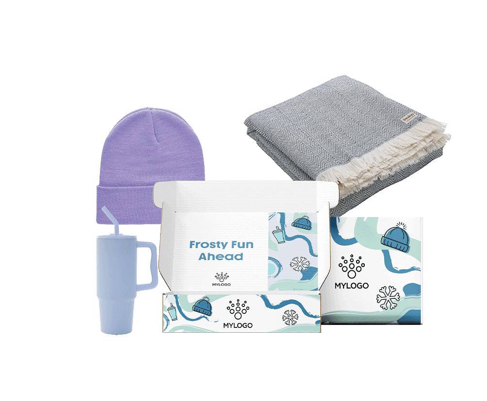 Welcome pack de invierno para empleados con gorro, manta y vaso reutilizable en caja regalo corporativa personalizable.