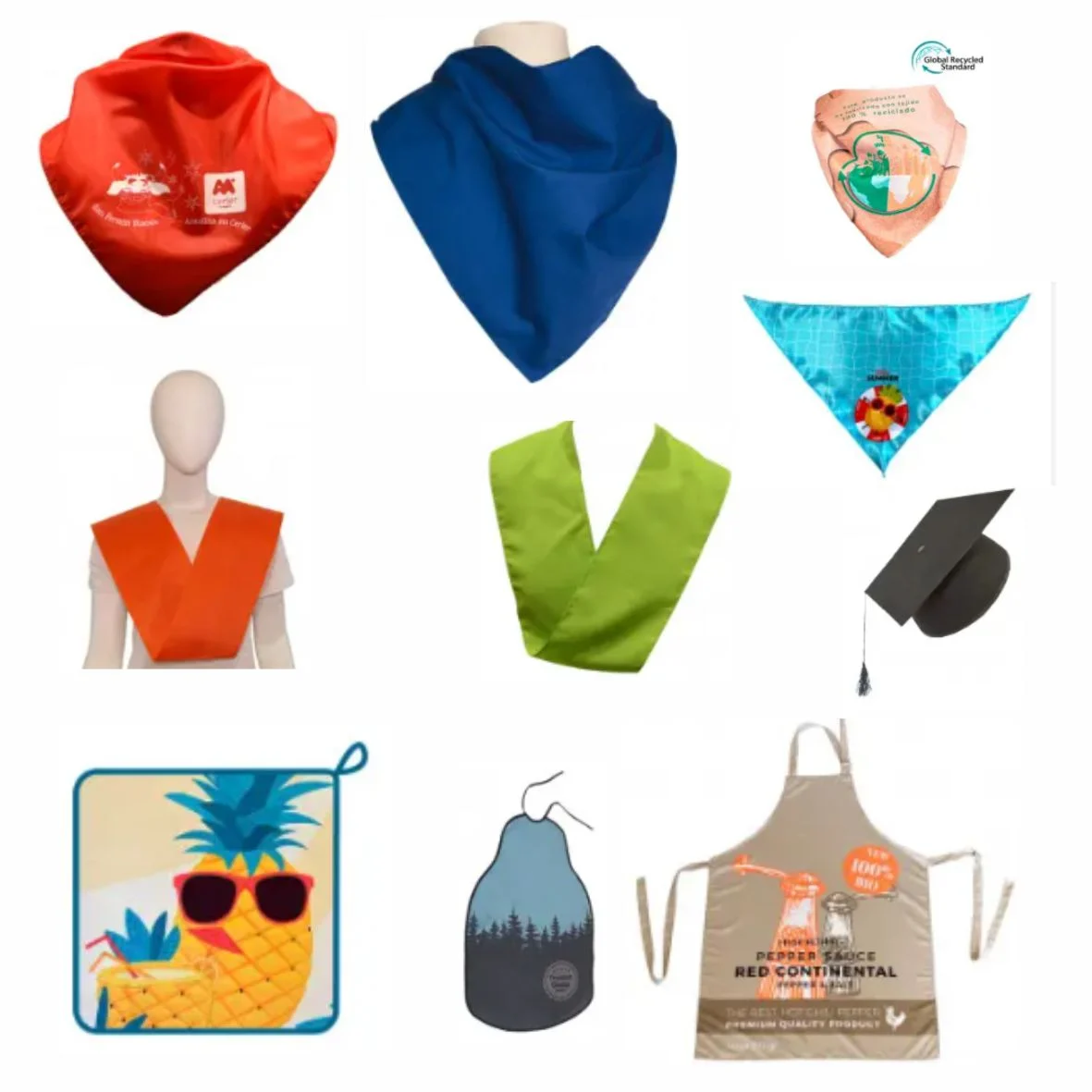 Artículos fiestas, peñas, bufandas de futbol, cintas de graduaciones todo ello personalizado.